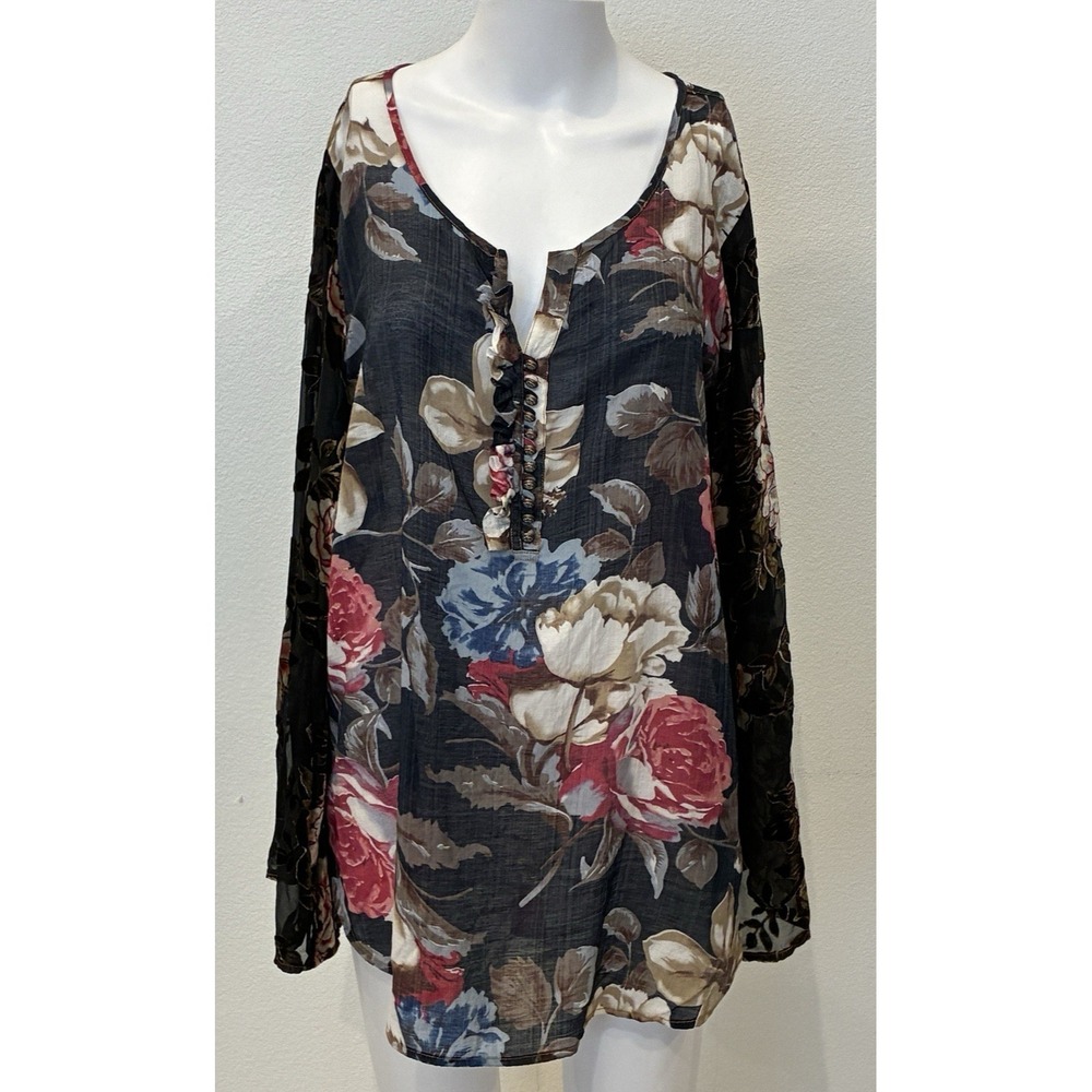 Aratta Silent Journey Floral Boho Velvet Burnout Sheer Top‎ Size L Bell Sleeves